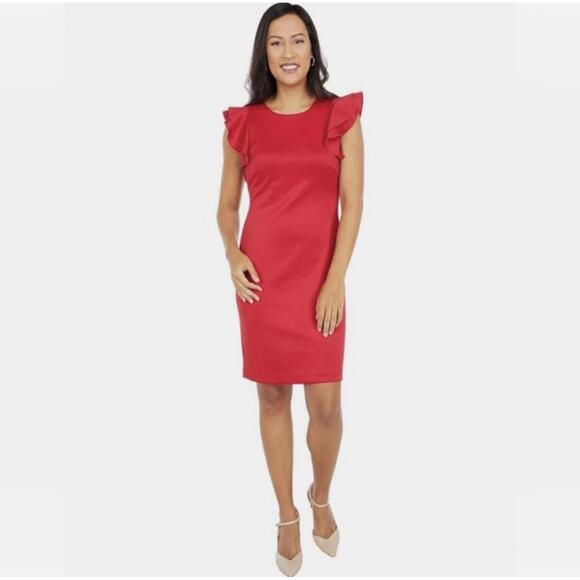Tommy Hilfiger Dresses & Skirts - Tommy Hilfiger | Women’s Red Scuba Flutter Ruffle Cap Sleeve Sheath Dress Size 8